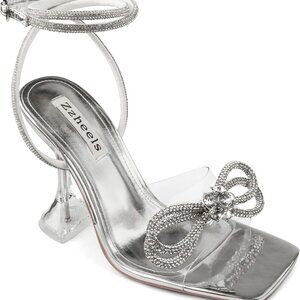 Crystal Sandals Women Clear Slingback Heels Square Toe Party Wedding Shoes